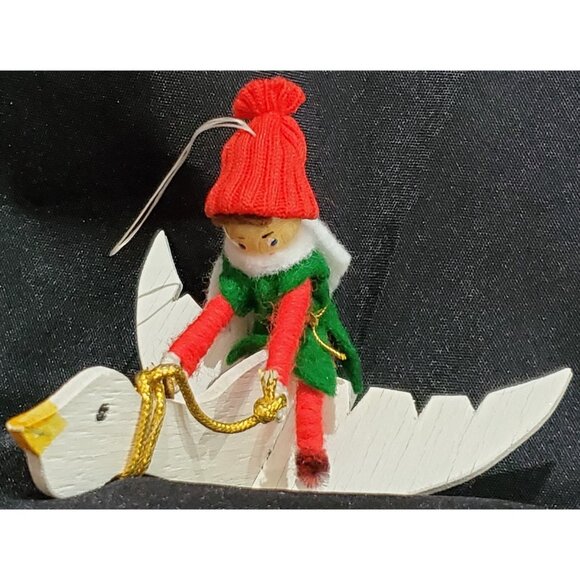 ELF RIDING FLYING GOOSE Christmas Ornament wooden & fabric 5"long 3.5"high - Picture 2 of 7